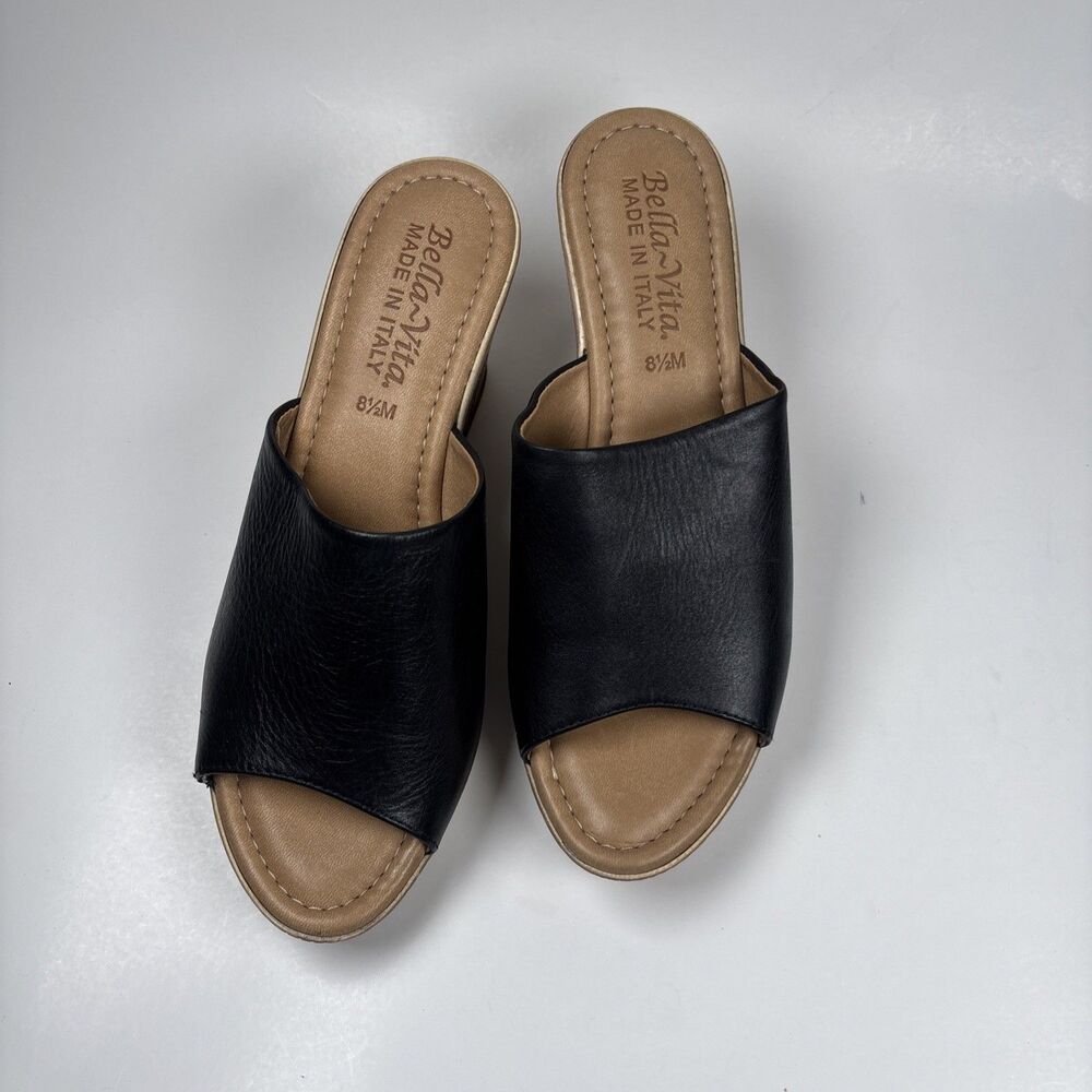 Bella Vita Made In Italy Black Leather Wedge Slide Sandal Women 8.5M comfort y2k